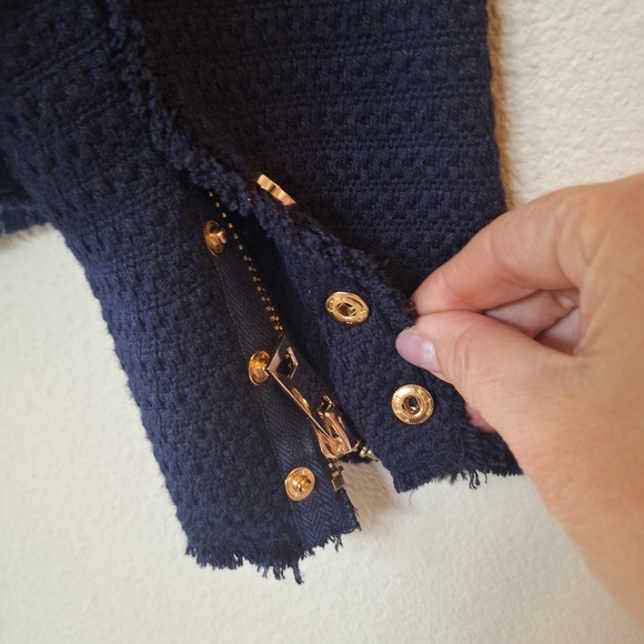 NWT One Third Navy Tweed Fringe Zip/Snap Collarless Jacket Womens size L - Picture 8 of 9